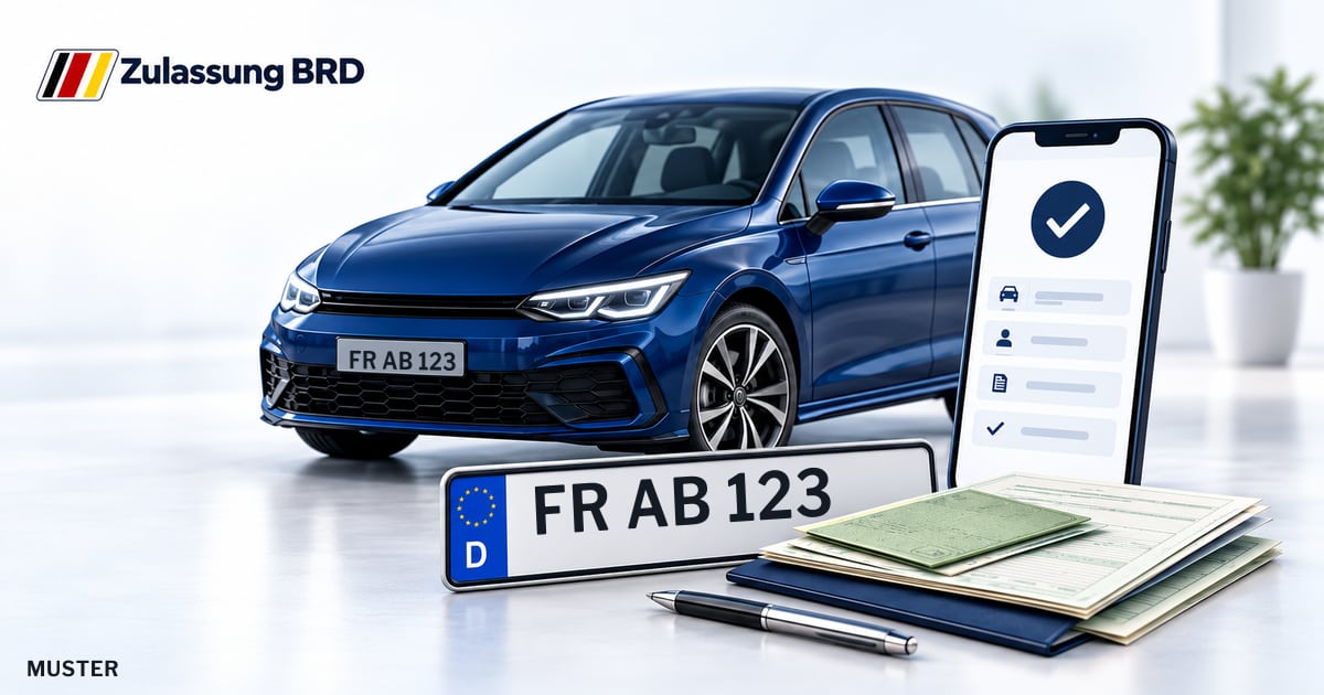 Online Fahrzeugzulassung in Freiburg (Breisgau): Musterkennzeichen FR AB 123, Auto und Fahrzeugpapiere und Smartphone. Illustration mit Logo von Zulassung BRD.